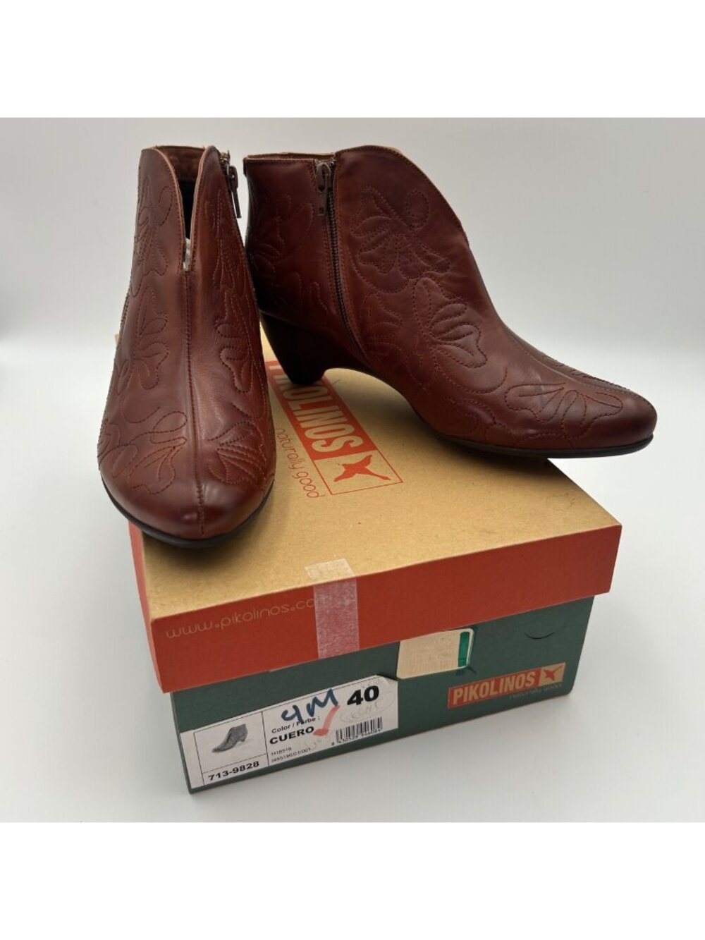 NEW Pikolinos Women's Leather Embroidered Ankle Boots Size 40 Cuero Brown Zip